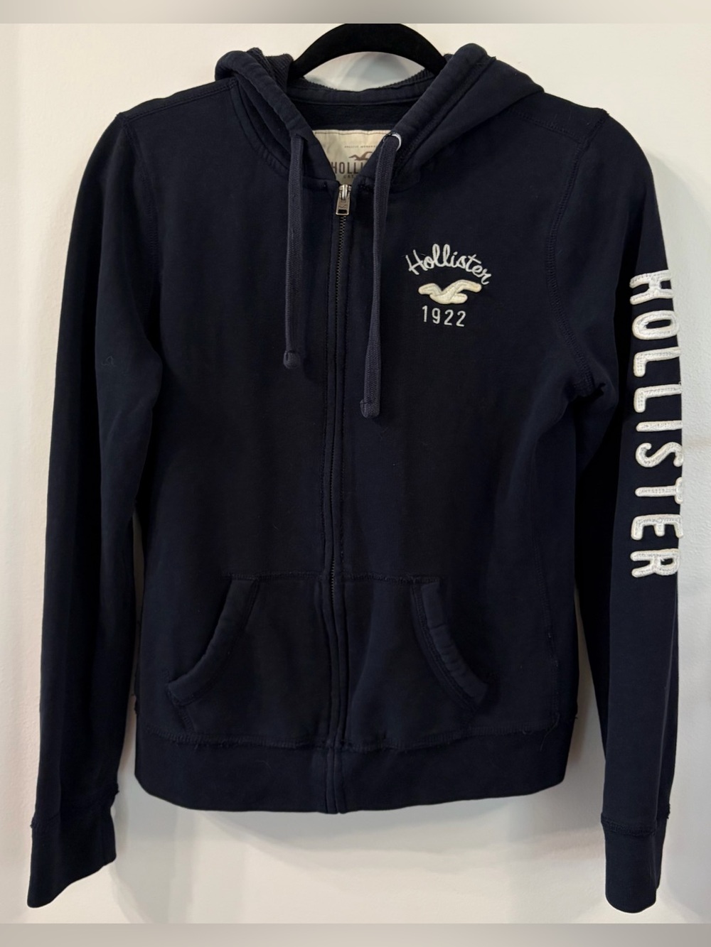 Hollister Womens Classic Full Zip Hoodie Jacket Navy Blue Size Large Y2K Graphic